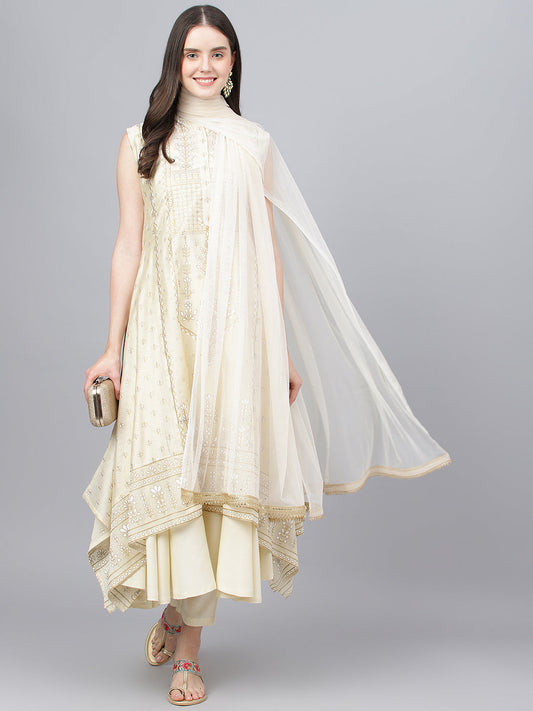 Women Cream Chanderi Kurta Pant Set With Net Dupatta | LASVINI - Redefining Indian Fashion with Elegance