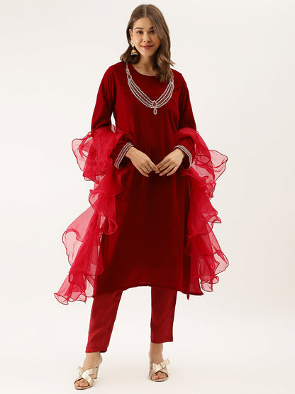 Women Maroon Plain Velvet Bead Work Embroidered Kurta Set With Organza Dupatta | LASVINI - Redefining Indian Fashion with Elegance