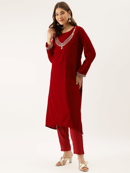 Women Maroon Plain Velvet Bead Work Embroidered Kurta Set With Organza Dupatta | LASVINI - Redefining Indian Fashion with Elegance