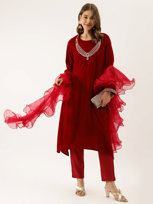 Women Maroon Plain Velvet Bead Work Embroidered Kurta Set With Organza Dupatta | LASVINI - Redefining Indian Fashion with Elegance