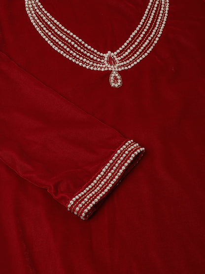 Women Maroon Plain Velvet Bead Work Embroidered Kurta Set With Organza Dupatta | LASVINI - Redefining Indian Fashion with Elegance