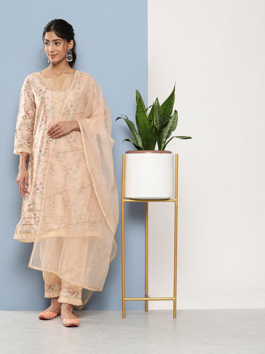 Poly Chanderi Floral Printed Kurta Pant Set With Organza Dupatta | LASVINI - Redefining Indian Fashion with Elegance