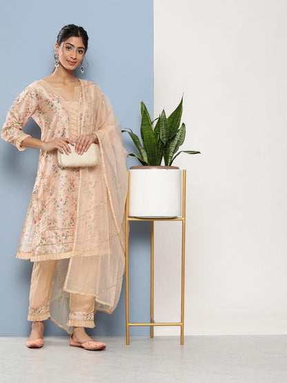 Poly Chanderi Floral Printed Kurta Pant Set With Organza Dupatta | LASVINI - Redefining Indian Fashion with Elegance