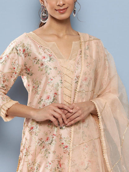 Poly Chanderi Floral Printed Kurta Pant Set With Organza Dupatta | LASVINI - Redefining Indian Fashion with Elegance