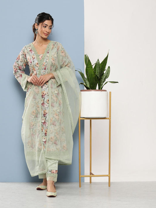 Poly Chanderi Floral Printed Kurta Pant Set With Organza Dupatta | LASVINI - Redefining Indian Fashion with Elegance