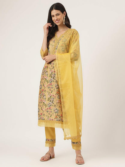 Poly Chanderi Floral Printed Kurta Pant Set With Organza Dupatta | LASVINI - Redefining Indian Fashion with Elegance