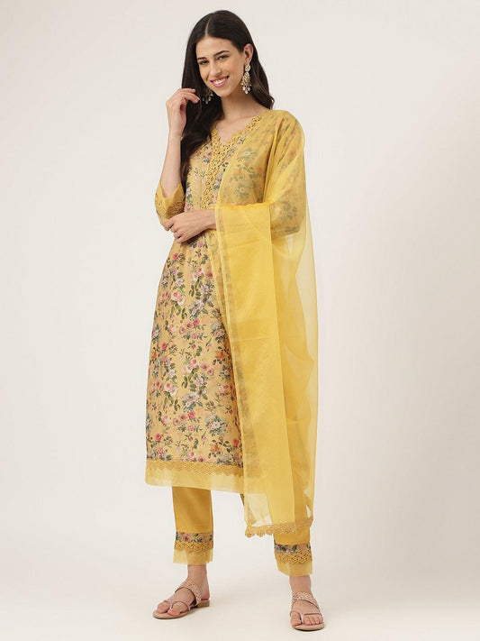 Poly Chanderi Floral Printed Kurta Pant Set With Organza Dupatta | LASVINI - Redefining Indian Fashion with Elegance