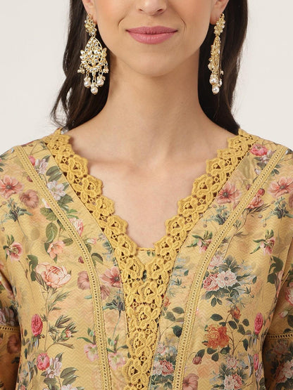 Poly Chanderi Floral Printed Kurta Pant Set With Organza Dupatta | LASVINI - Redefining Indian Fashion with Elegance