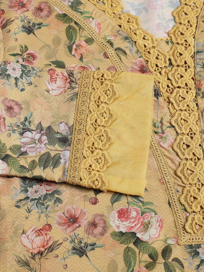 Poly Chanderi Floral Printed Kurta Pant Set With Organza Dupatta | LASVINI - Redefining Indian Fashion with Elegance