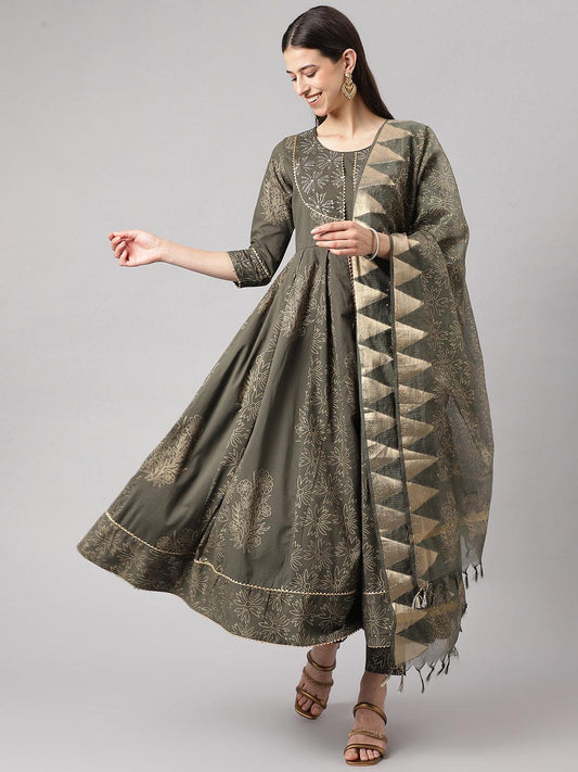 Olive Green Hand Block Cotton Kurta Pant Set With Dupatta | LASVINI - Redefining Indian Fashion with Elegance