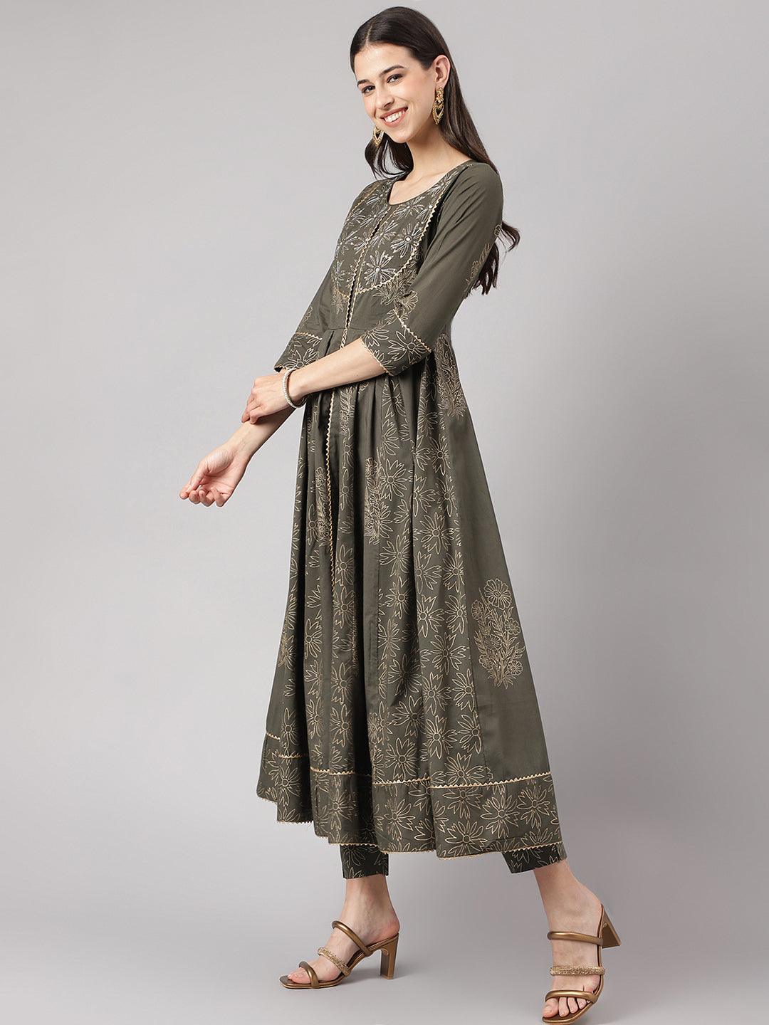 Olive Green Hand Block Cotton Kurta Pant Set With Dupatta | LASVINI - Redefining Indian Fashion with Elegance