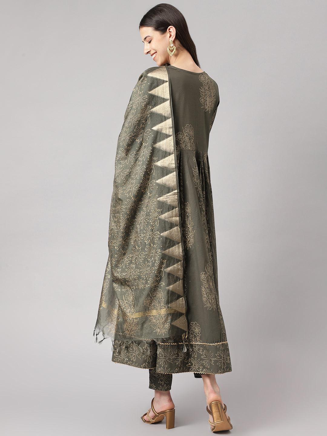 Olive Green Hand Block Cotton Kurta Pant Set With Dupatta | LASVINI - Redefining Indian Fashion with Elegance
