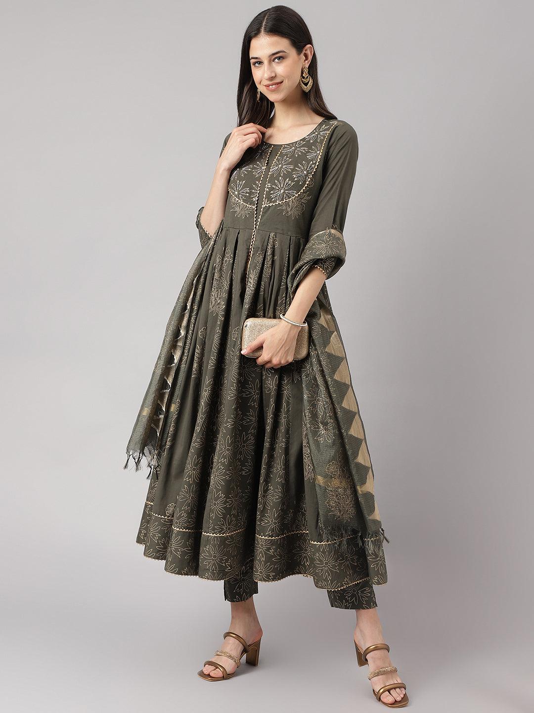 Olive Green Hand Block Cotton Kurta Pant Set With Dupatta | LASVINI - Redefining Indian Fashion with Elegance