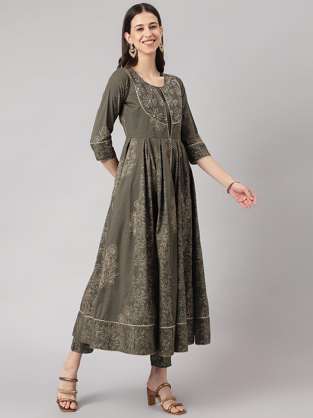 Olive Green Hand Block Cotton Kurta Pant Set With Dupatta | LASVINI - Redefining Indian Fashion with Elegance