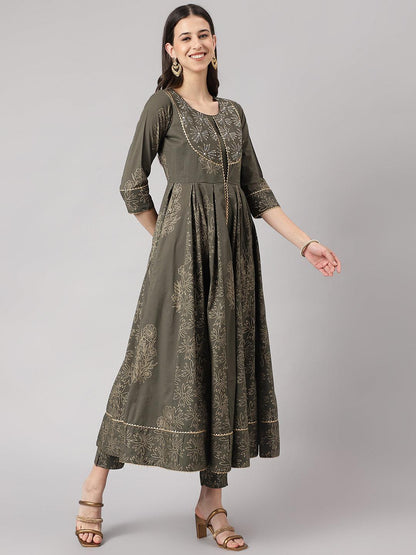 Olive Green Hand Block Cotton Kurta Pant Set With Dupatta | LASVINI - Redefining Indian Fashion with Elegance