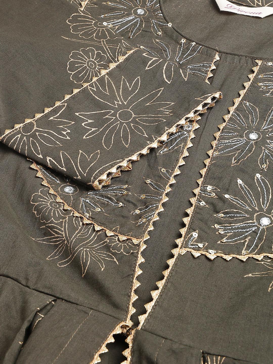 Olive Green Hand Block Cotton Kurta Pant Set With Dupatta | LASVINI - Redefining Indian Fashion with Elegance