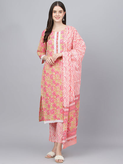 Women Peach Floral Printed Kurta Pant Set With Dupatta | LASVINI - Redefining Indian Fashion with Elegance