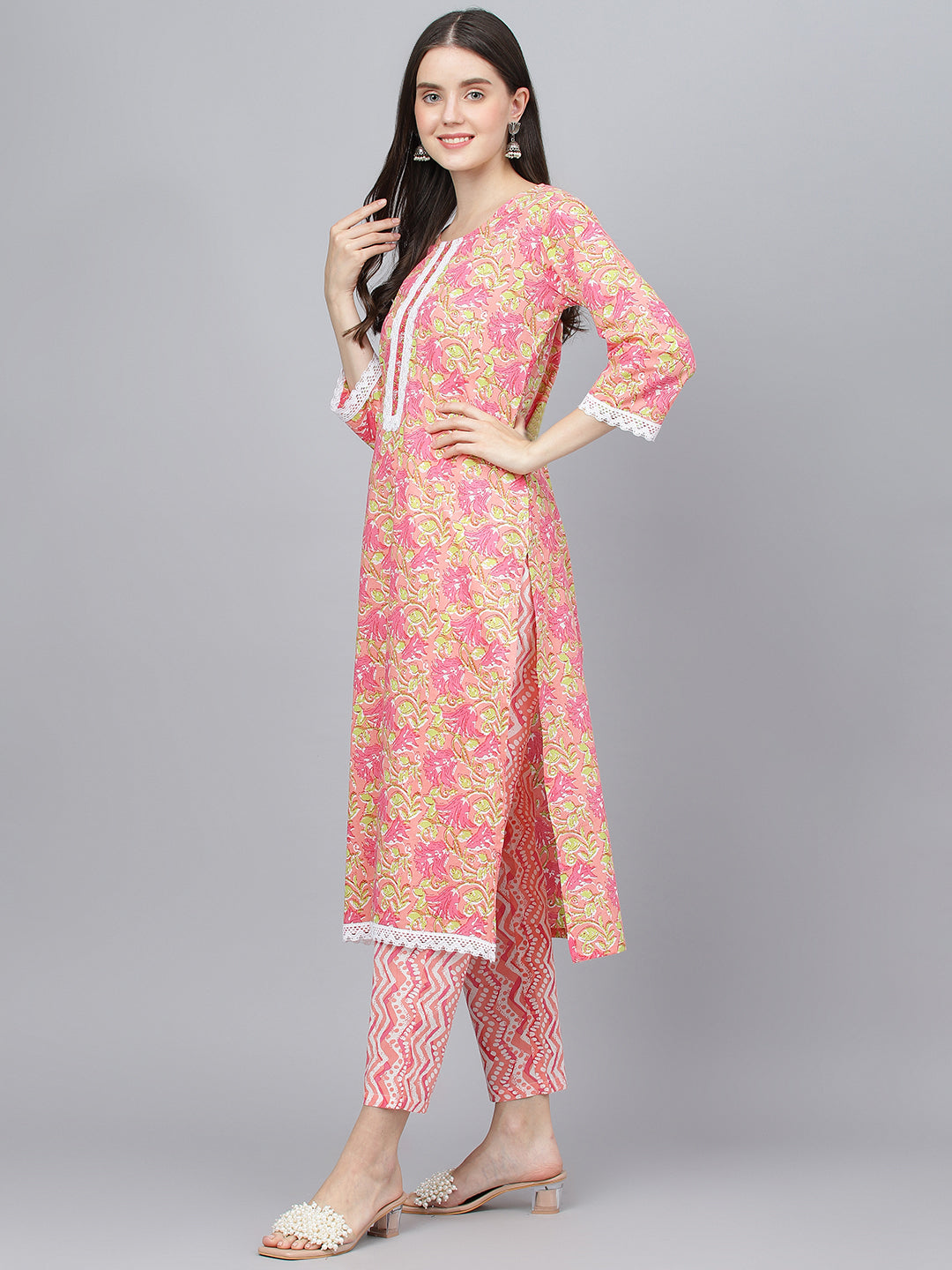Women Peach Floral Printed Kurta Pant Set With Dupatta | LASVINI - Redefining Indian Fashion with Elegance