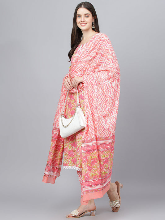 Women Peach Floral Printed Kurta Pant Set With Dupatta | LASVINI - Redefining Indian Fashion with Elegance