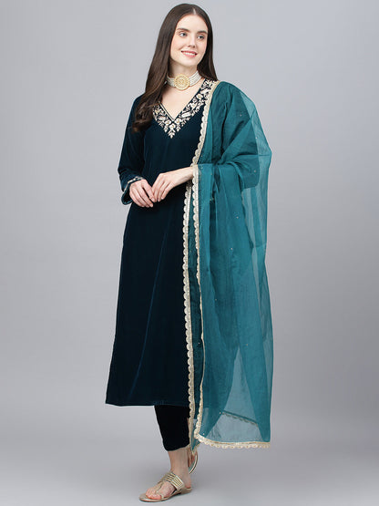Women Teal Green Valvet Hand Work Kurta Pant With Organza Dupatta Set | LASVINI - Redefining Indian Fashion with Elegance