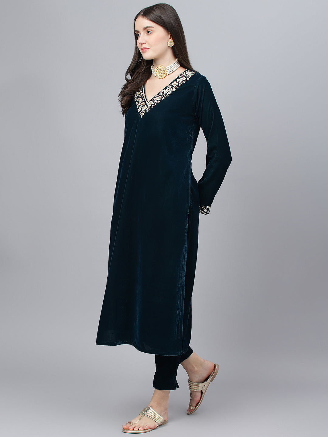 Women Teal Green Valvet Hand Work Kurta Pant With Organza Dupatta Set | LASVINI - Redefining Indian Fashion with Elegance