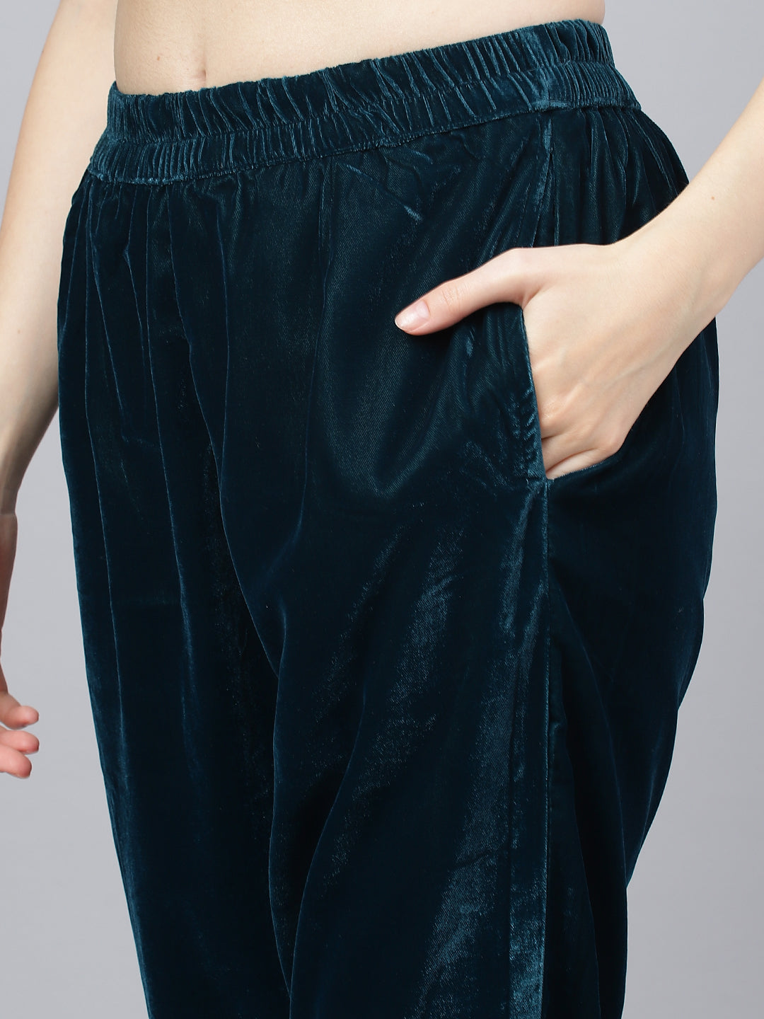 Women Teal Green Valvet Hand Work Kurta Pant With Organza Dupatta Set | LASVINI - Redefining Indian Fashion with Elegance