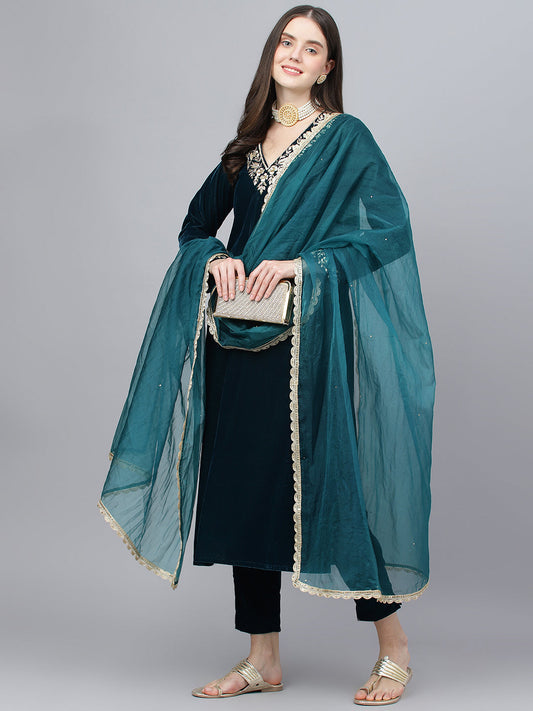 Women Teal Green Valvet Hand Work Kurta Pant With Organza Dupatta Set | LASVINI - Redefining Indian Fashion with Elegance