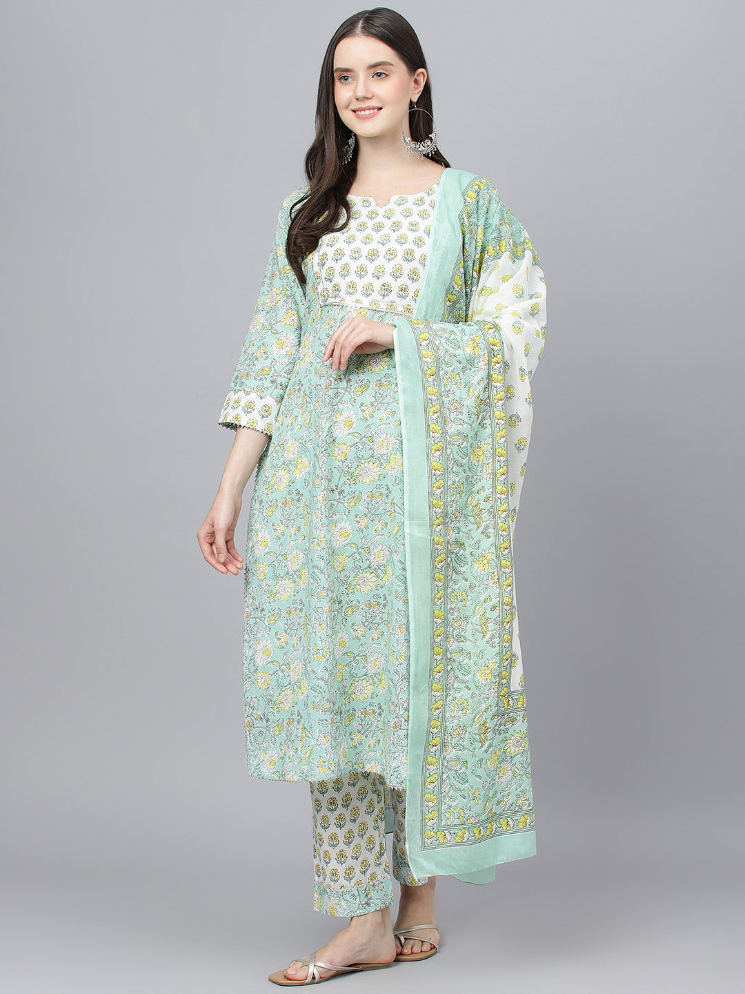 Women Mint Green Floral Printed Kurta Pant Set With Dupatta | LASVINI - Redefining Indian Fashion with Elegance