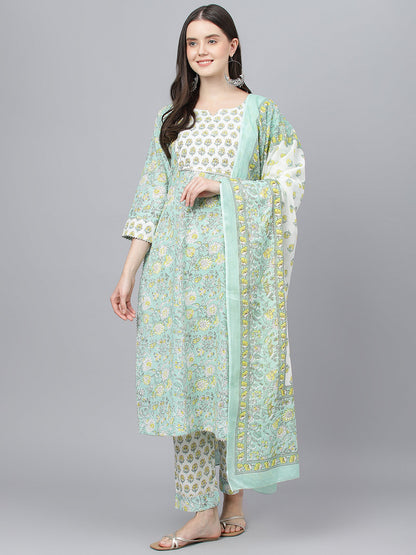 Women Mint Green Floral Printed Kurta Pant Set With Dupatta | LASVINI - Redefining Indian Fashion with Elegance