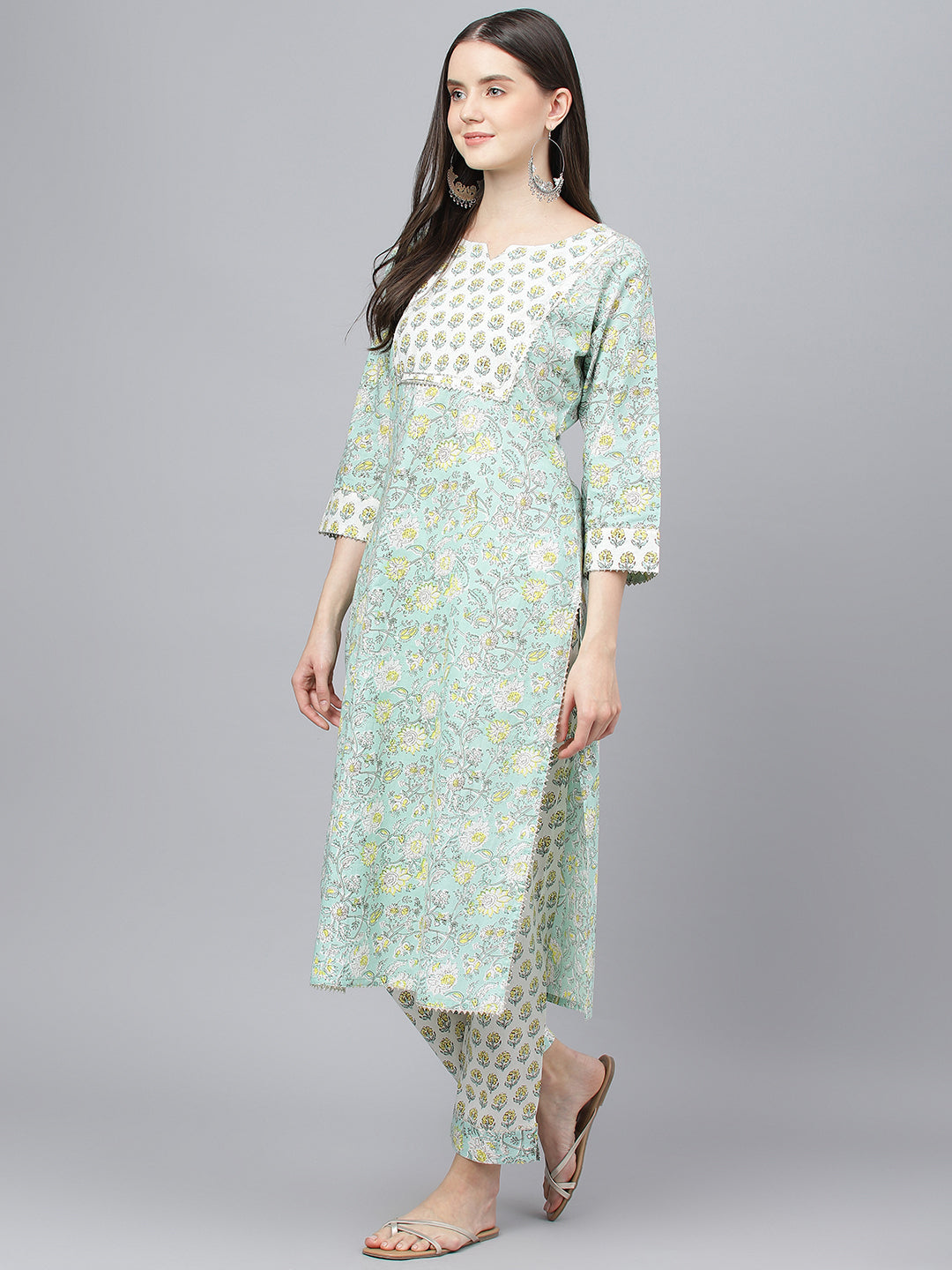 Women Mint Green Floral Printed Kurta Pant Set With Dupatta | LASVINI - Redefining Indian Fashion with Elegance