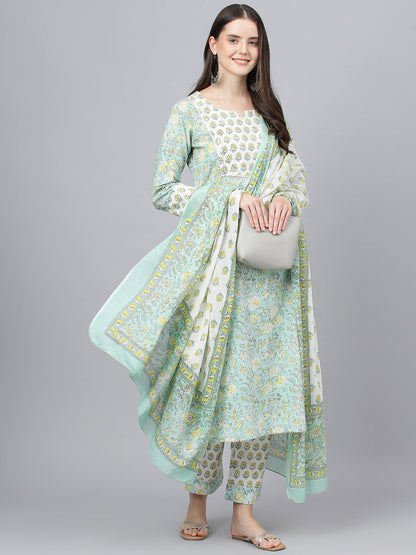 Women Mint Green Floral Printed Kurta Pant Set With Dupatta | LASVINI - Redefining Indian Fashion with Elegance