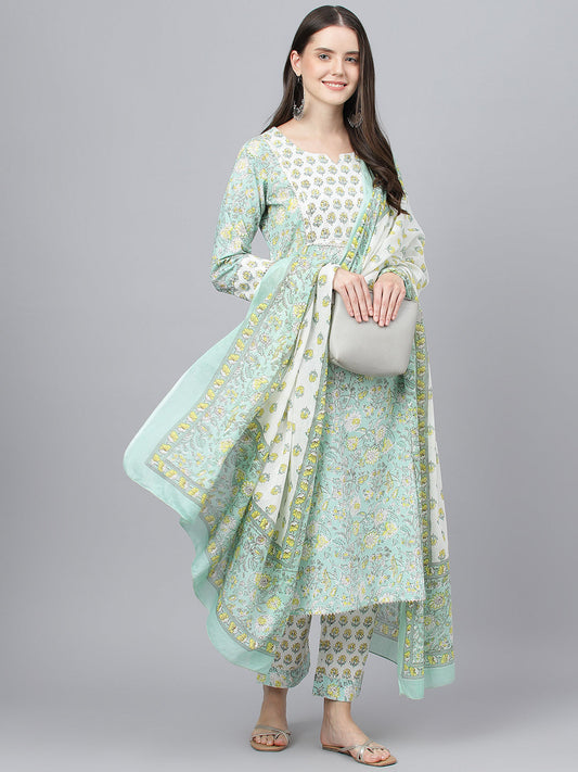 Women Mint Green Floral Printed Kurta Pant Set With Dupatta | LASVINI - Redefining Indian Fashion with Elegance