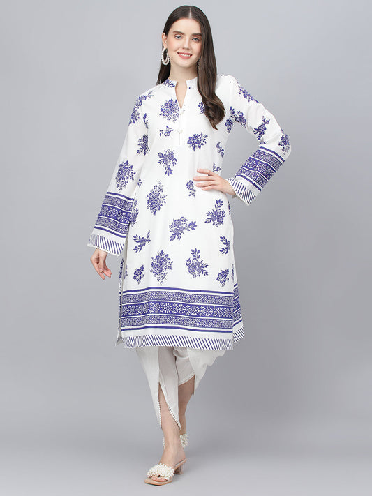 Women White Floral Printed Straight Kurta With Tulip Pant | LASVINI - Redefining Indian Fashion with Elegance