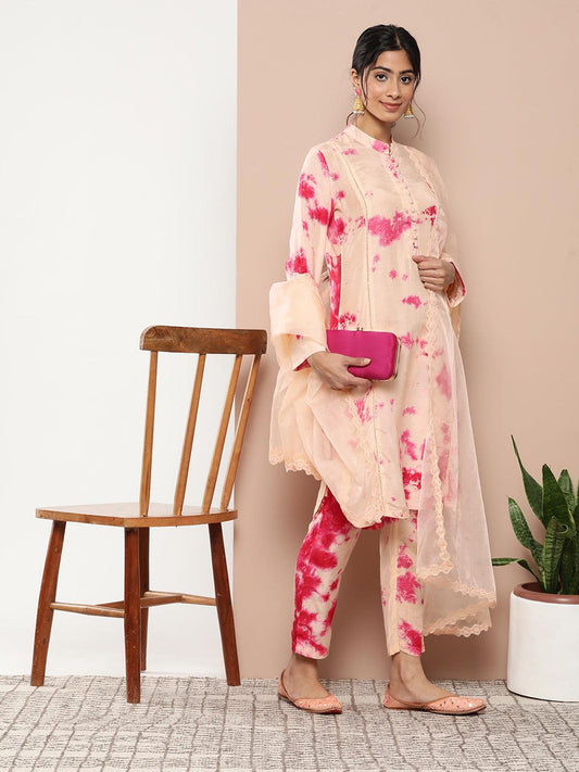 Muslin Tie And Dye Printed Kurta Pant Set With Organza Dupatta | LASVINI - Redefining Indian Fashion with Elegance