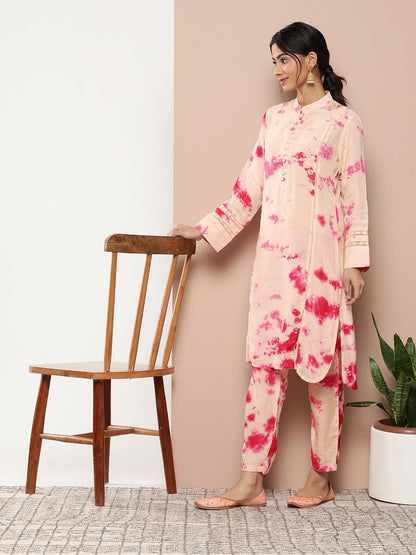 Muslin Tie And Dye Printed Kurta Pant Set With Organza Dupatta | LASVINI - Redefining Indian Fashion with Elegance