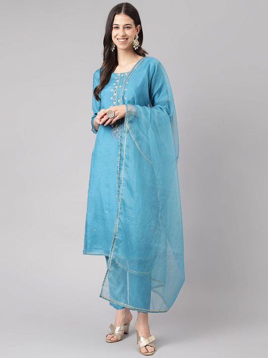 Teal Blue Muslin Embroidery Kurta Pant Set With Organza Dupatta | LASVINI - Redefining Indian Fashion with Elegance