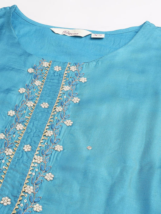 Teal Blue Muslin Embroidery Kurta Pant Set With Organza Dupatta | LASVINI - Redefining Indian Fashion with Elegance