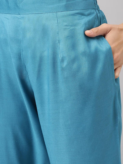 Teal Blue Muslin Embroidery Kurta Pant Set With Organza Dupatta | LASVINI - Redefining Indian Fashion with Elegance