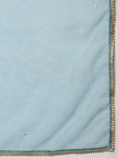 Teal Blue Muslin Embroidery Kurta Pant Set With Organza Dupatta | LASVINI - Redefining Indian Fashion with Elegance
