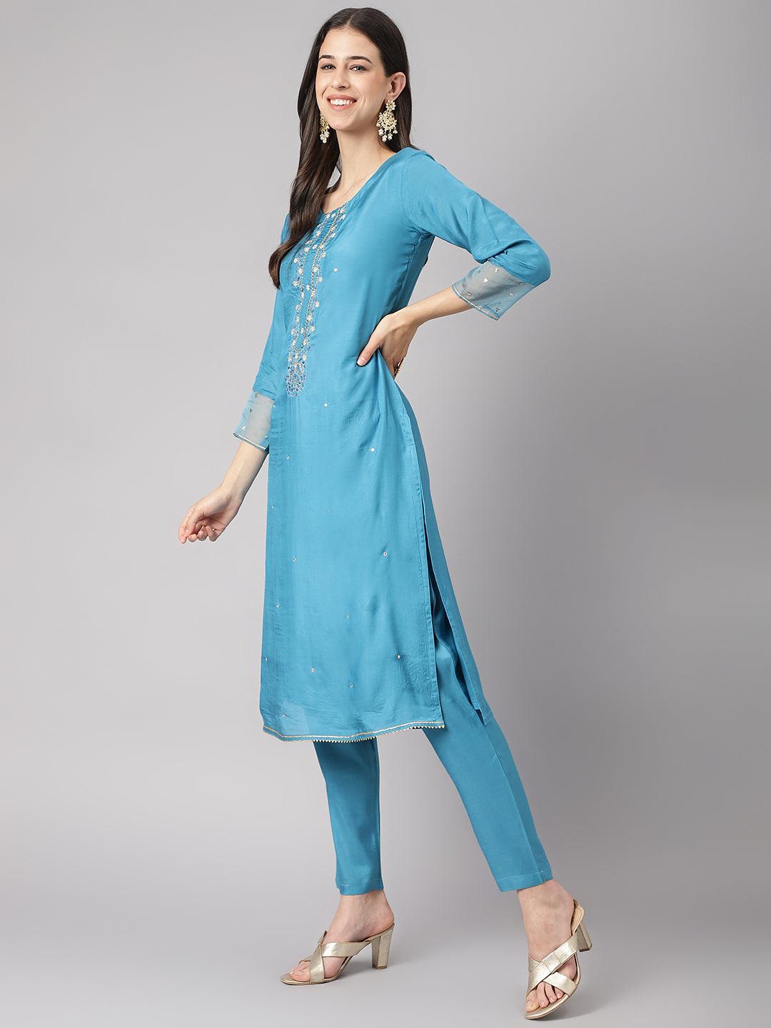 Teal Blue Muslin Embroidery Kurta Pant Set With Organza Dupatta | LASVINI - Redefining Indian Fashion with Elegance