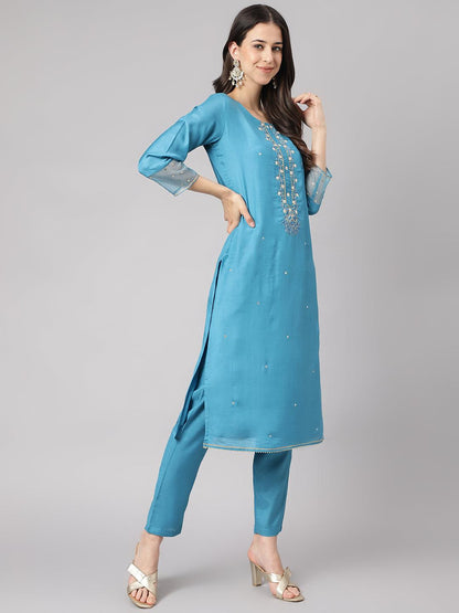 Teal Blue Muslin Embroidery Kurta Pant Set With Organza Dupatta | LASVINI - Redefining Indian Fashion with Elegance
