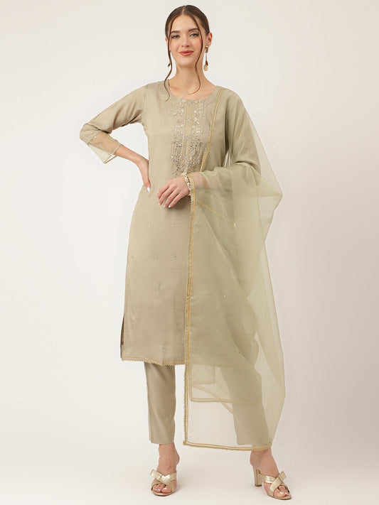 Green Embroidered Chanderi Kurta, Trouser With Dupatta | LASVINI - Redefining Indian Fashion with Elegance