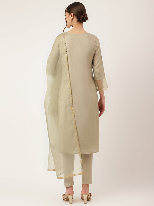 Green Embroidered Chanderi Kurta, Trouser With Dupatta | LASVINI - Redefining Indian Fashion with Elegance