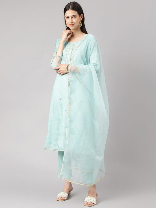 Sea Green Muslin Embroidery Kurta Pant Set With Organza Dupatta | LASVINI - Redefining Indian Fashion with Elegance