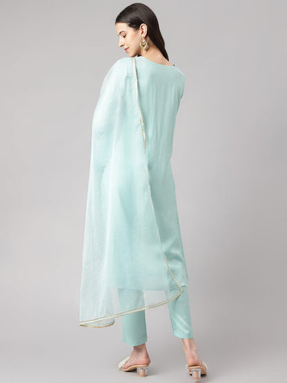 Sea Green Muslin Embroidery Kurta Pant Set With Organza Dupatta | LASVINI - Redefining Indian Fashion with Elegance