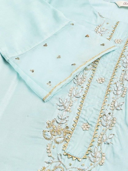 Sea Green Muslin Embroidery Kurta Pant Set With Organza Dupatta | LASVINI - Redefining Indian Fashion with Elegance