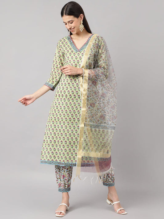 Green And White Cotton Hand Block Printed Kurta Pant Set With Dupatta | LASVINI - Redefining Indian Fashion with Elegance