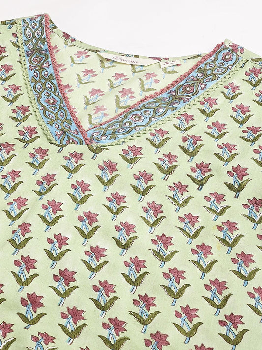 Green And White Cotton Hand Block Printed Kurta Pant Set With Dupatta | LASVINI - Redefining Indian Fashion with Elegance