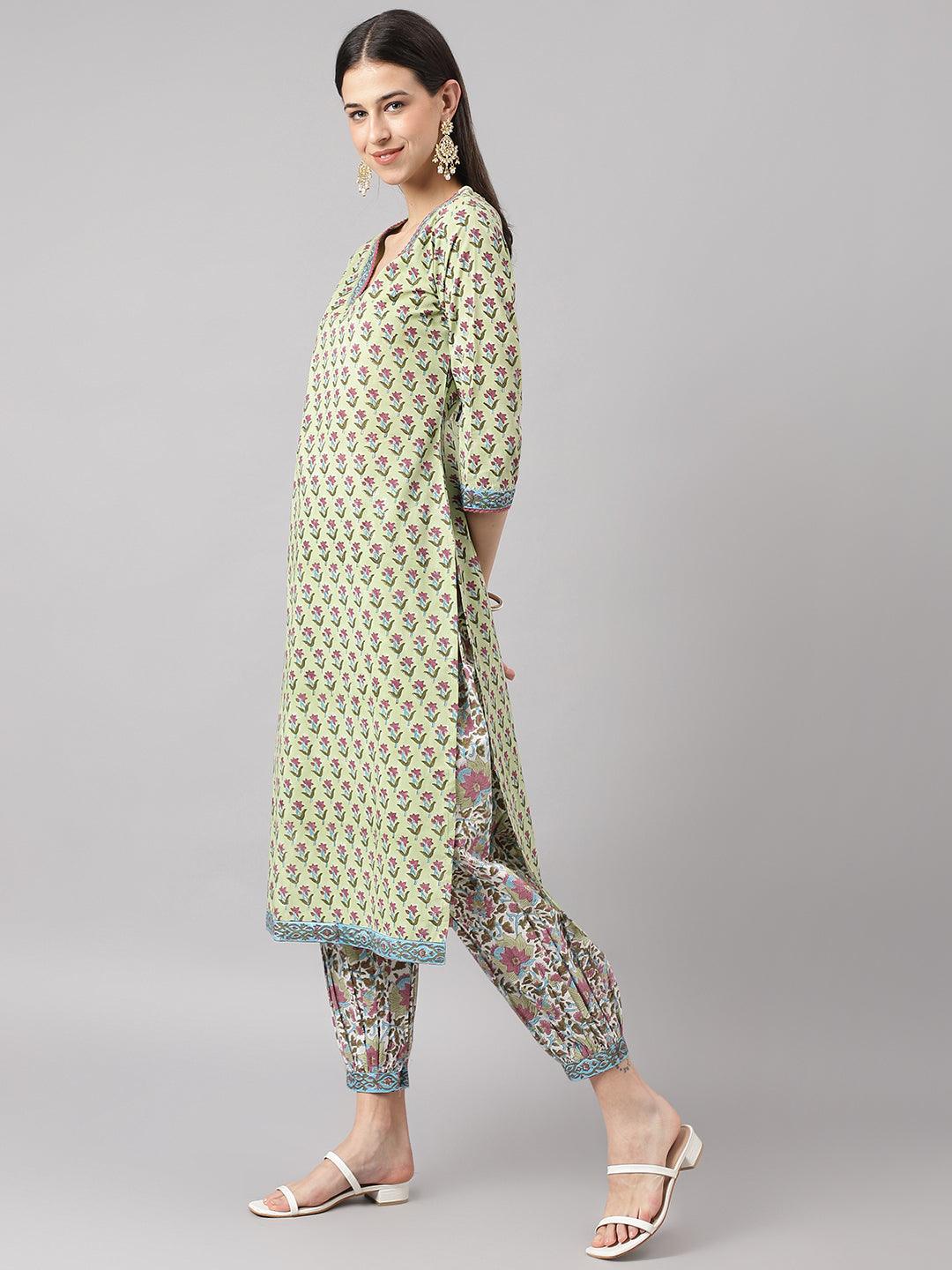 Green And White Cotton Hand Block Printed Kurta Pant Set With Dupatta | LASVINI - Redefining Indian Fashion with Elegance