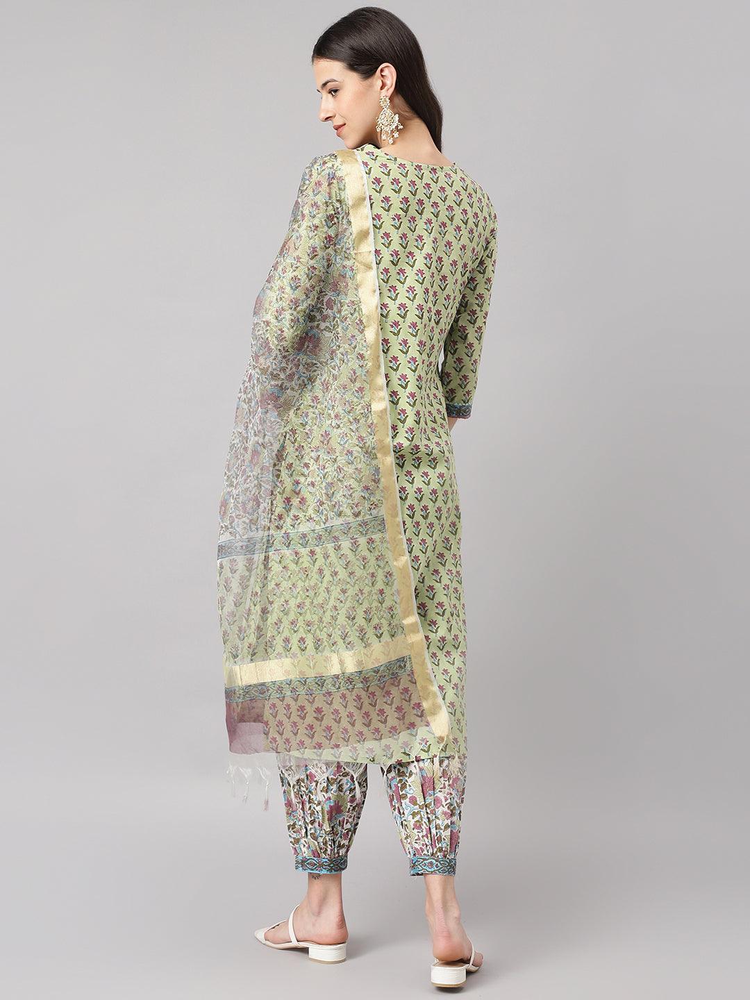 Green And White Cotton Hand Block Printed Kurta Pant Set With Dupatta | LASVINI - Redefining Indian Fashion with Elegance